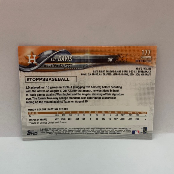 2018 Topps Chrome JD Davis Chrome Refractor RC #177 (MISC7) - Picture 2 of 2